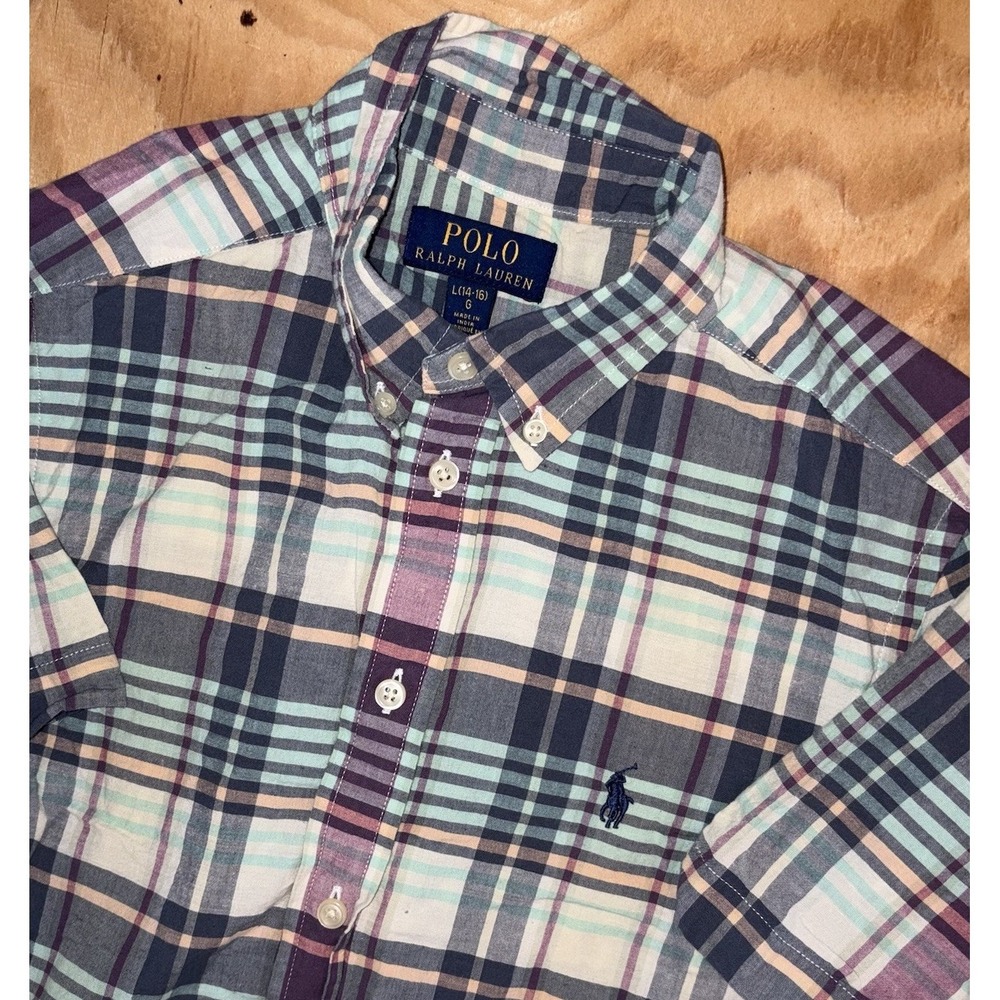 Polo Ralph Lauren Youth Large 14-16 Madras Plaid Shirt Blue Pony Cotton Preppy